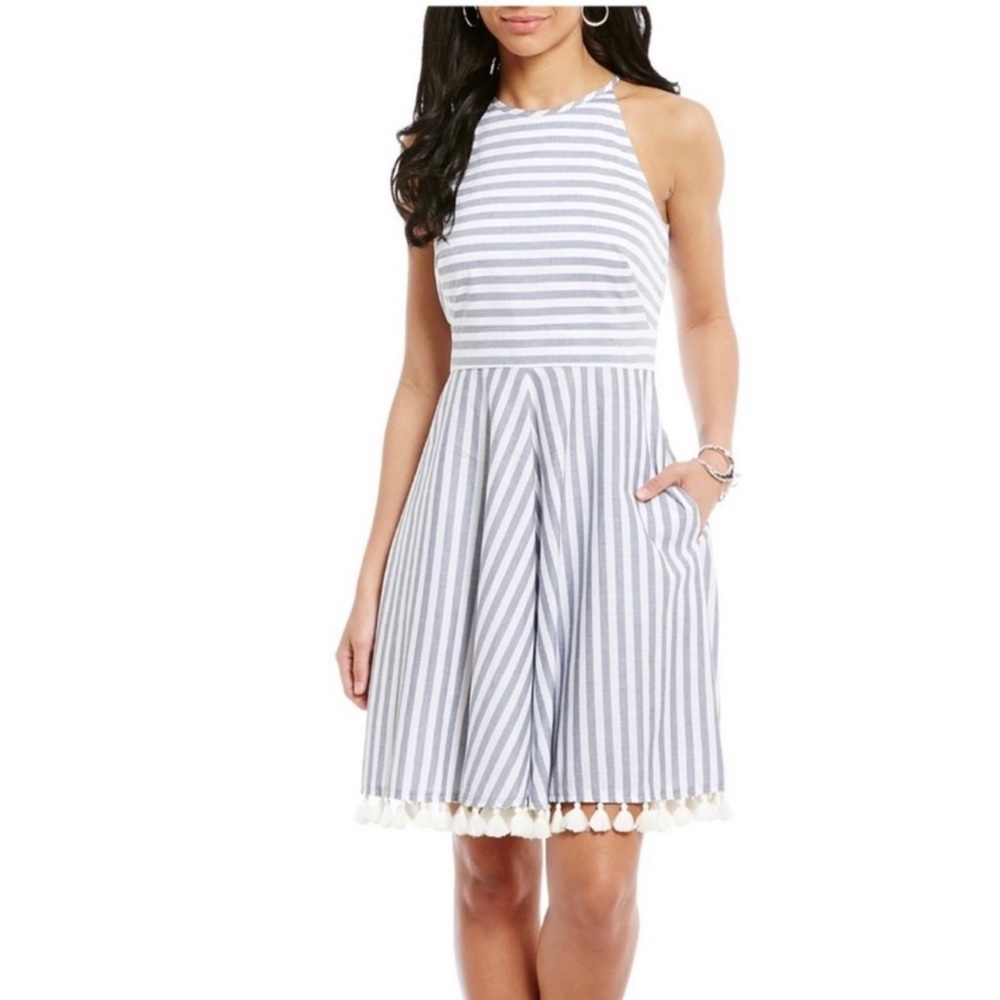 Eliza J Fit and Flair Halter Dress With Tassel Trim Size 2